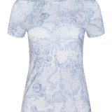 Light blue floral patterned t-shirt on a white background