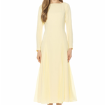 woman in butter yellow midi dress and long sleeves on white background 