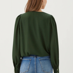A woman viewed from the back wearing a dark green long-sleeve blouse with puffed sleeves and blue jeans, against a plain light gray studio background.