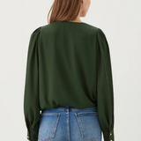 A woman viewed from the back wearing a dark green long-sleeve blouse with puffed sleeves and blue jeans, against a plain light gray studio background.