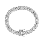 A silver-toned tennis bracelet paved with clear stones, featuring a rectangular bezel-set center stone and a lobster clasp, shown on a plain white background.