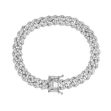 A silver-toned tennis bracelet paved with clear stones, featuring a rectangular bezel-set center stone and a lobster clasp, shown on a plain white background.