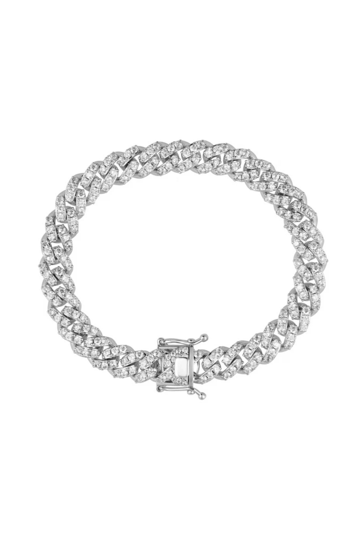 A silver-toned tennis bracelet paved with clear stones, featuring a rectangular bezel-set center stone and a lobster clasp, shown on a plain white background.