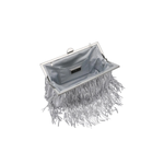 Silver clutch bag with fringe details on a white background