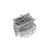 Silver clutch bag with fringe details on a white background