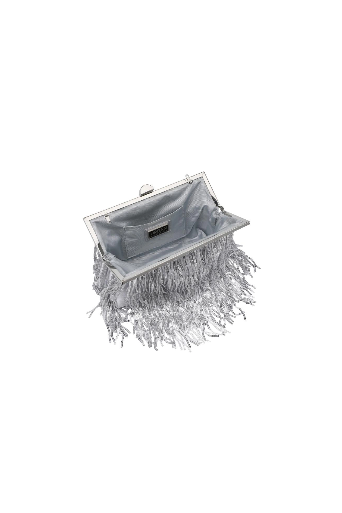 Silver clutch bag with fringe details on a white background