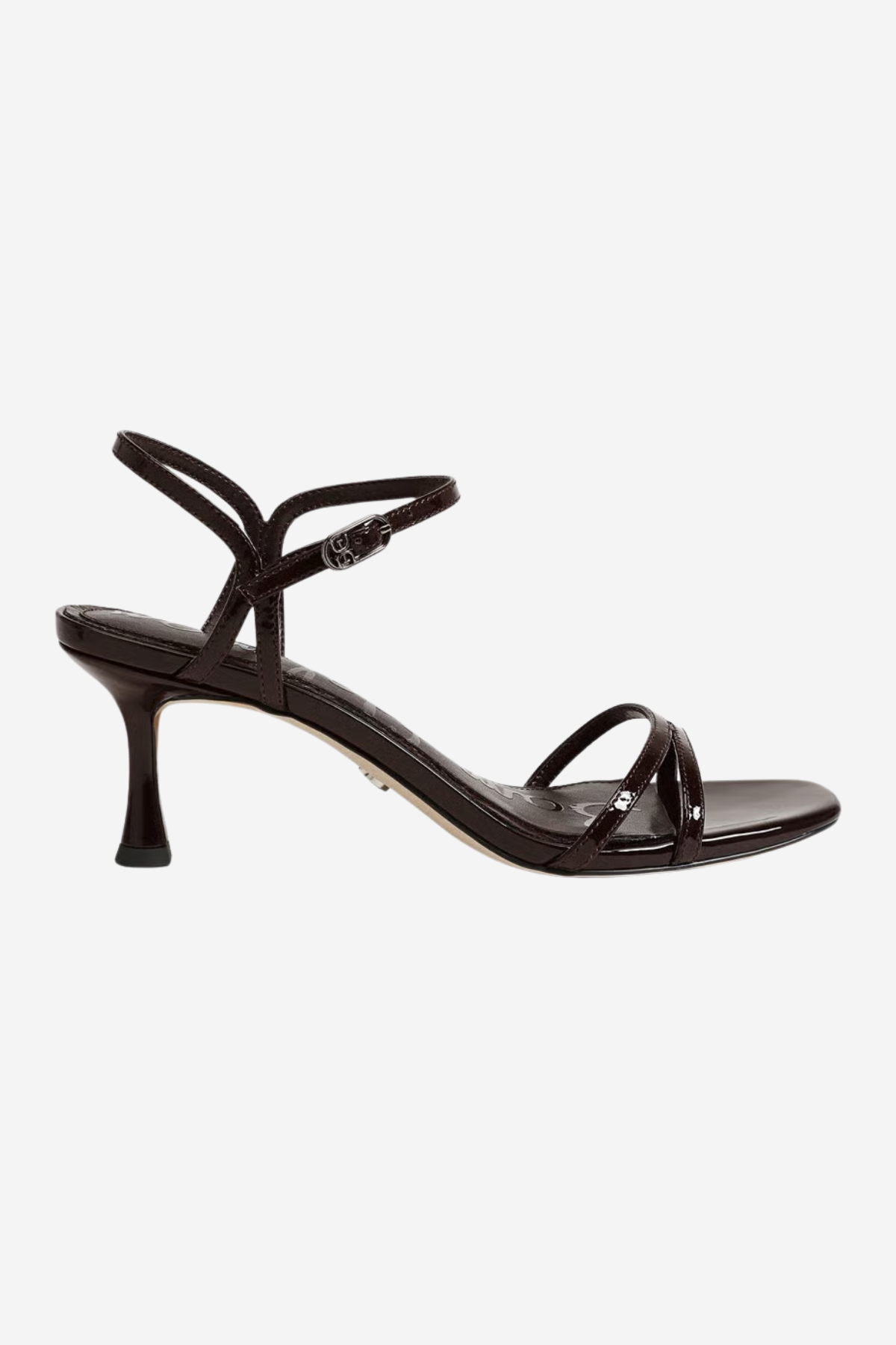 A single dark brown strappy sandal with a kitten heel, shown from a side profile view against a light gray background.