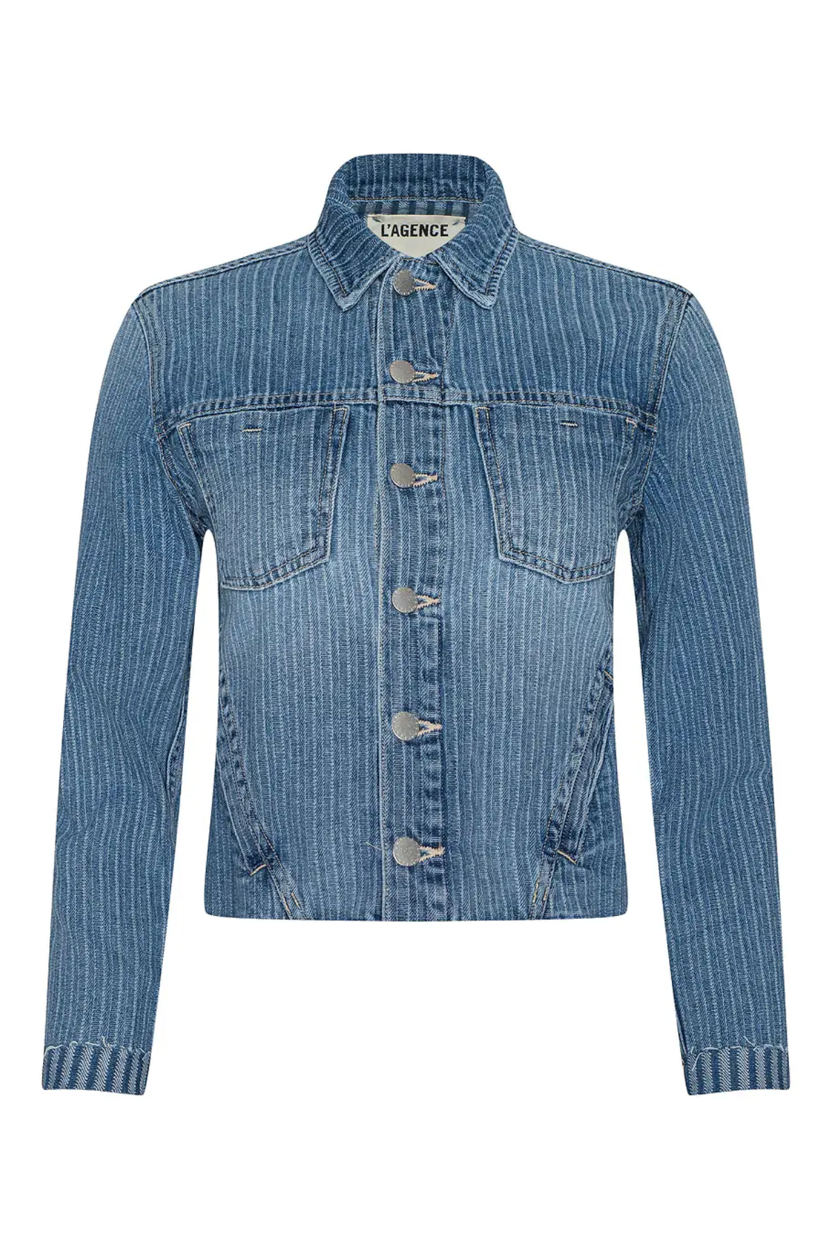 Blue denim jacket on a white background