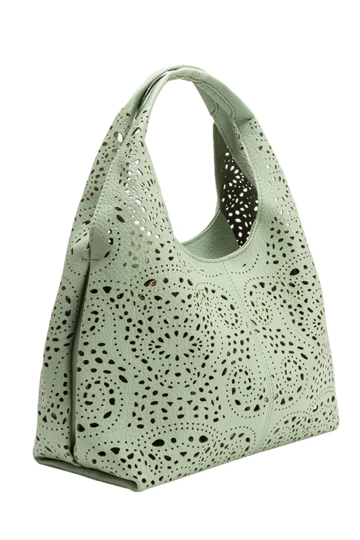 Mint green handbag with perforated design on a white background