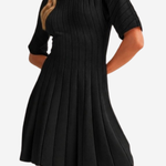 A woman wearing a black pleated short-sleeve dress with a crew neck, shown from the shoulders to mid-thigh against a plain light background.