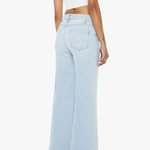 Light blue wide-leg jeans worn by a person on a white background