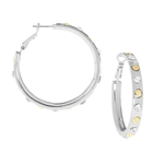 Pair of silver hoop earrings with gold accents on a white background