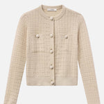 Check-pattern cardigan with subtle lurex shimmer, worn open over a neutral top
