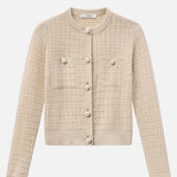 Check-pattern cardigan with subtle lurex shimmer, worn open over a neutral top