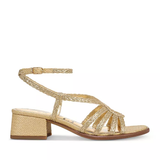 braided gold heeled sandal on white background 