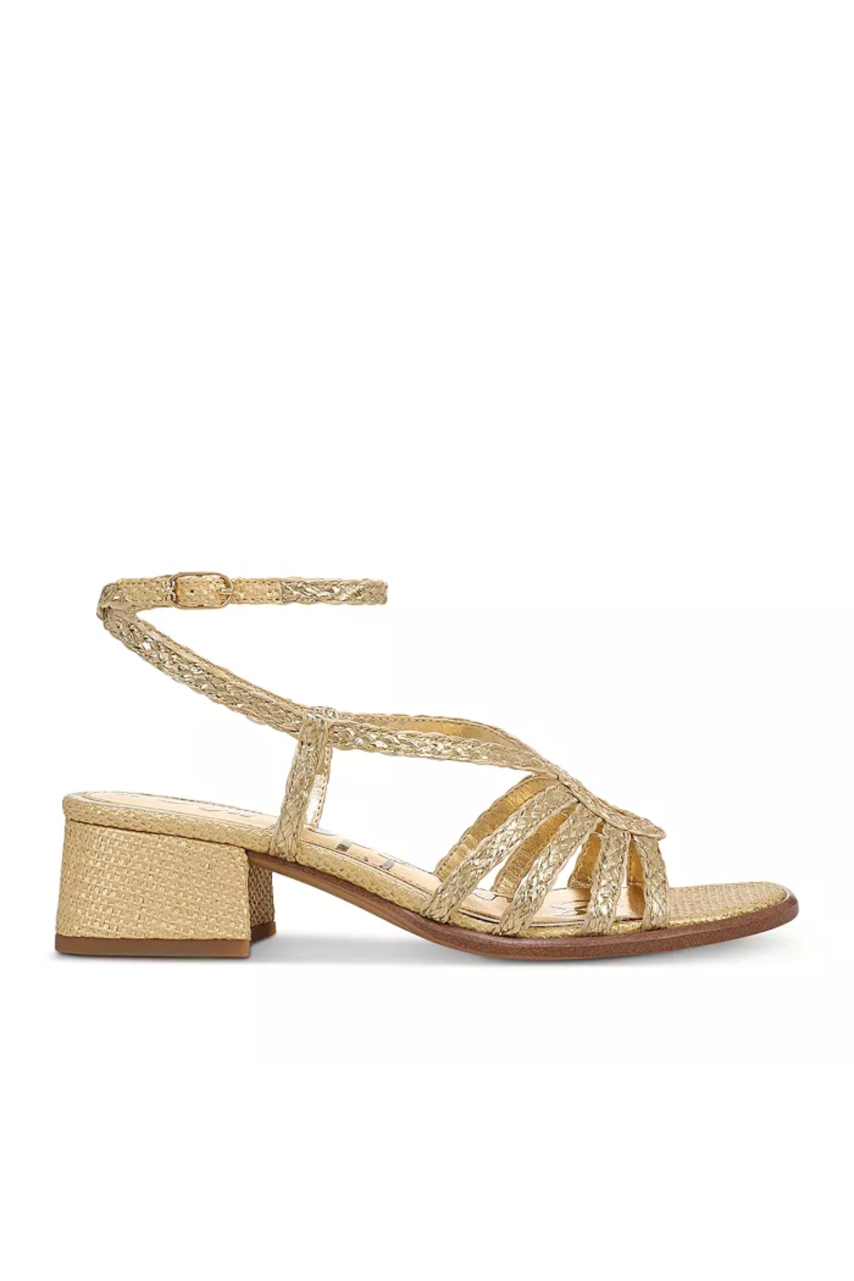 braided gold heeled sandal on white background 