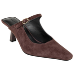A single dark brown suede mule high heel with a pointed toe, a strap across the instep with a small gold-tone buckle, and a black interior, shown on a plain white background.