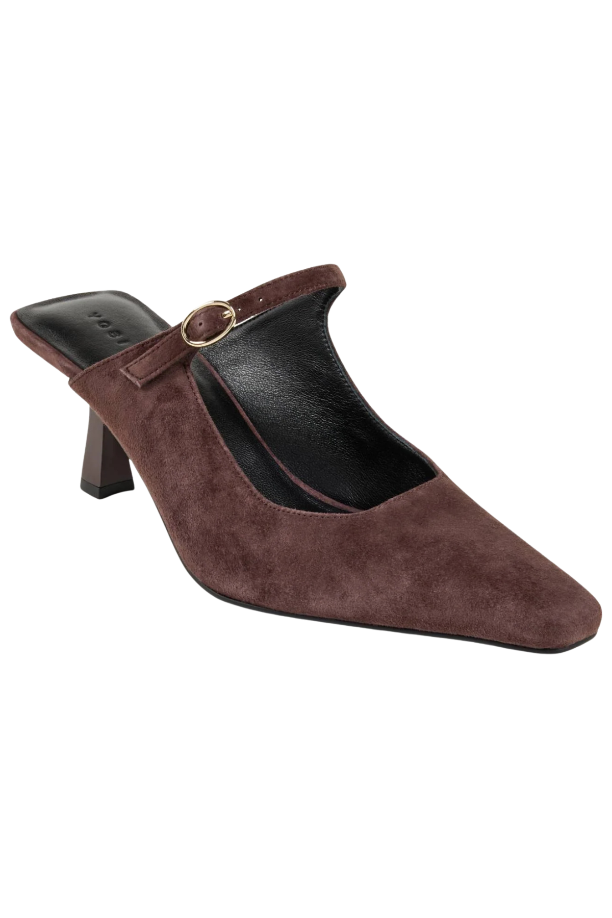 A single dark brown suede mule high heel with a pointed toe, a strap across the instep with a small gold-tone buckle, and a black interior, shown on a plain white background.