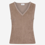 A sleeveless V-neck knit top in a warm taupe-brown color, shown flat against a light gray background. The brand name 'MILLY' is visible on the inner neck label.