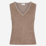 A sleeveless V-neck knit top in a warm taupe-brown color, shown flat against a light gray background. The brand name 'MILLY' is visible on the inner neck label.