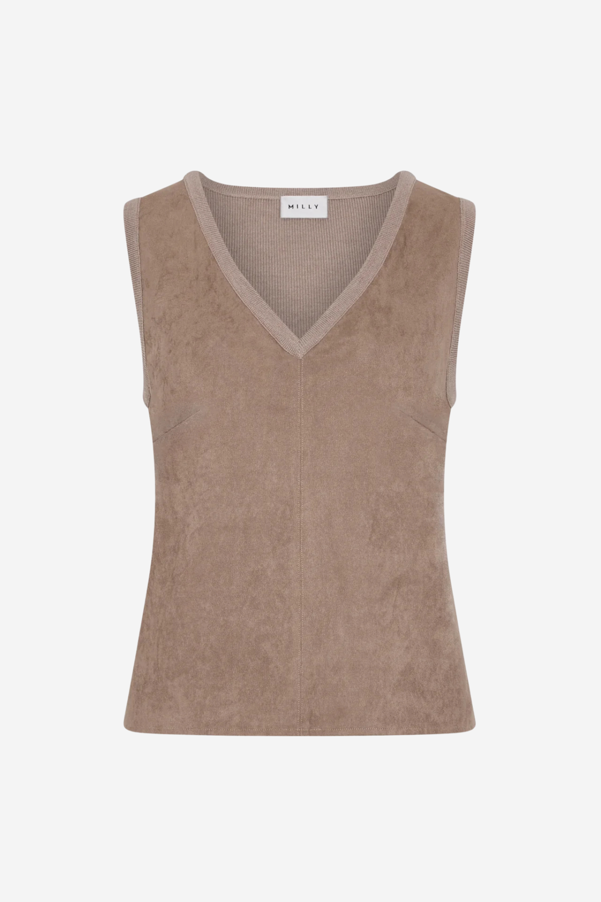 A sleeveless V-neck knit top in a warm taupe-brown color, shown flat against a light gray background. The brand name 'MILLY' is visible on the inner neck label.