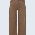 A pair of brown wide-leg cropped jeans with a high waist and belt loops, shown against a light gray background.