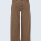 A pair of brown wide-leg cropped jeans with a high waist and belt loops, shown against a light gray background.