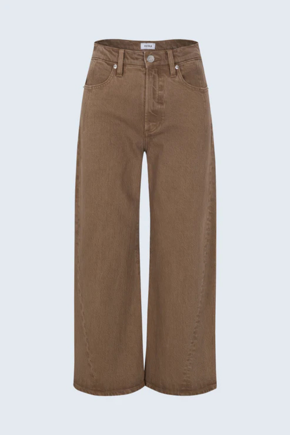 A pair of brown wide-leg cropped jeans with a high waist and belt loops, shown against a light gray background.