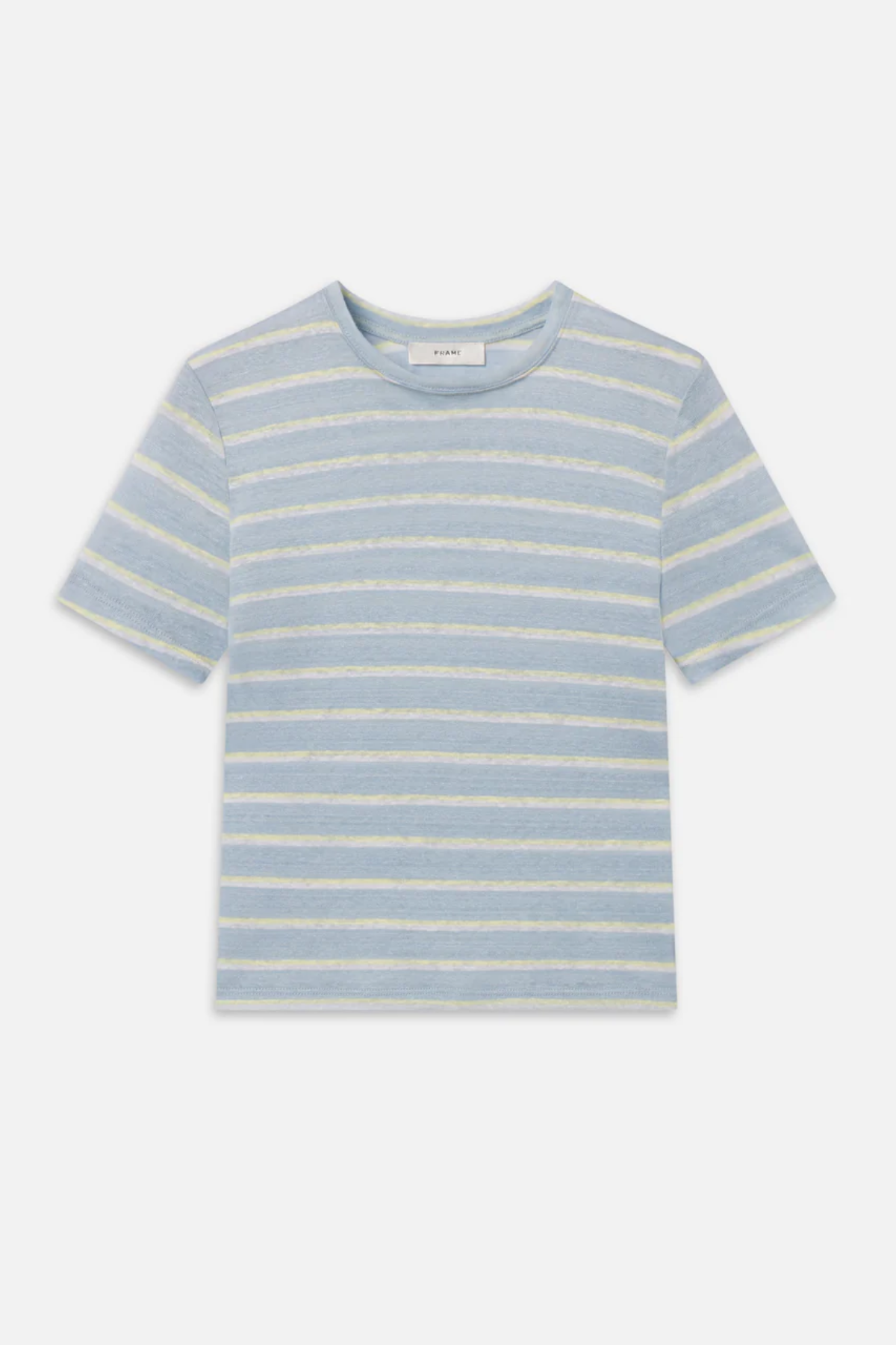 Blue and white striped t-shirt on a white background