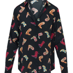 Black shirt with colorful cowboy boot pattern on a white background