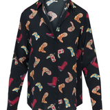 Black shirt with colorful cowboy boot pattern on a white background