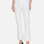 Person wearing white pants with a black belt on a white background