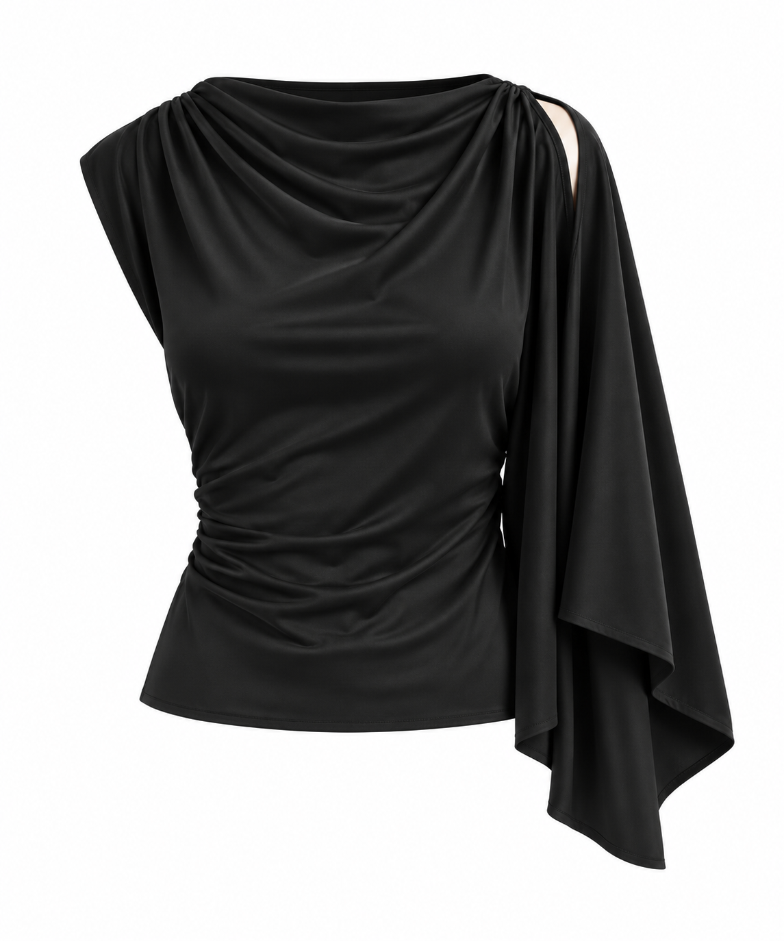 Women's black blouse featuring an asymmetrical neckline and distinctive long-sleeve detailing.