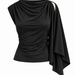 Women's black blouse featuring an asymmetrical neckline and distinctive long-sleeve detailing.