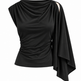 Women's black blouse featuring an asymmetrical neckline and distinctive long-sleeve detailing.
