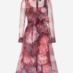 A sheer long-sleeve midi dress with a floral print in dusty pink, mauve, and burgundy tones, featuring a pointed collar, button front, and a matching self-tie belt at the waist.