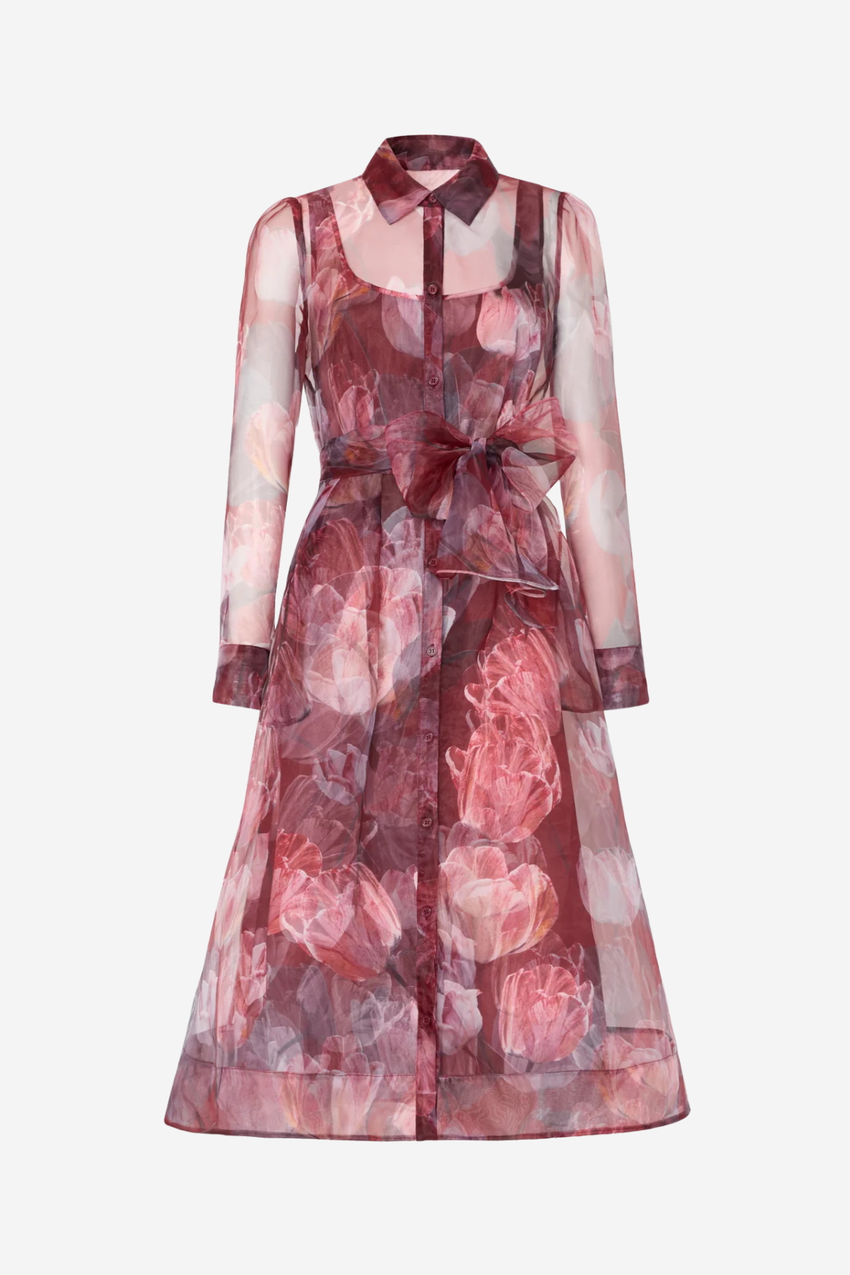 A sheer long-sleeve midi dress with a floral print in dusty pink, mauve, and burgundy tones, featuring a pointed collar, button front, and a matching self-tie belt at the waist.