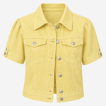 A light yellow cropped denim jacket with puff sleeves, silver-tone buttons, and flap chest pockets, shown on a plain light gray background.