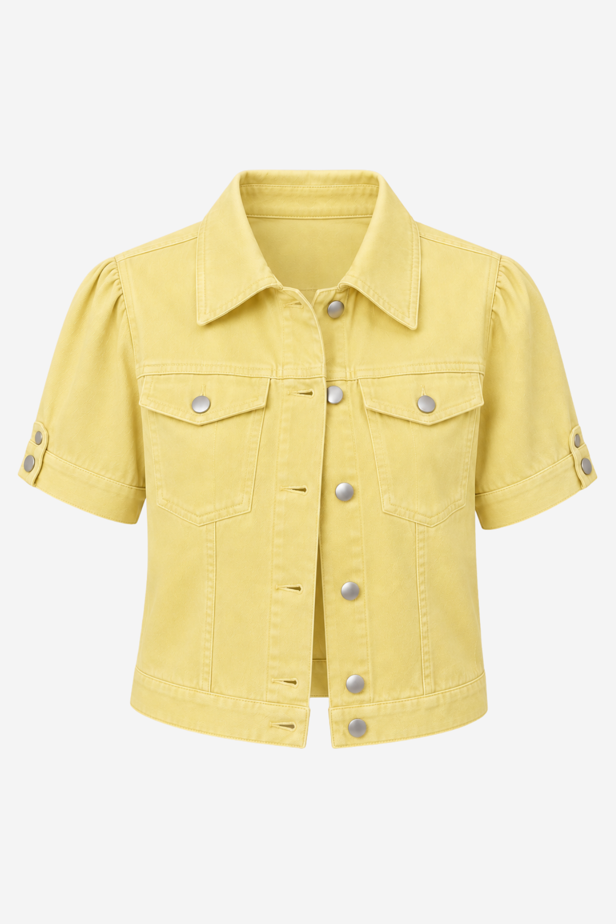 A light yellow cropped denim jacket with puff sleeves, silver-tone buttons, and flap chest pockets, shown on a plain light gray background.