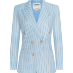 Light blue pinstripe blazer with gold buttons on a white background
