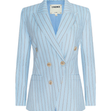 Light blue pinstripe blazer with gold buttons on a white background