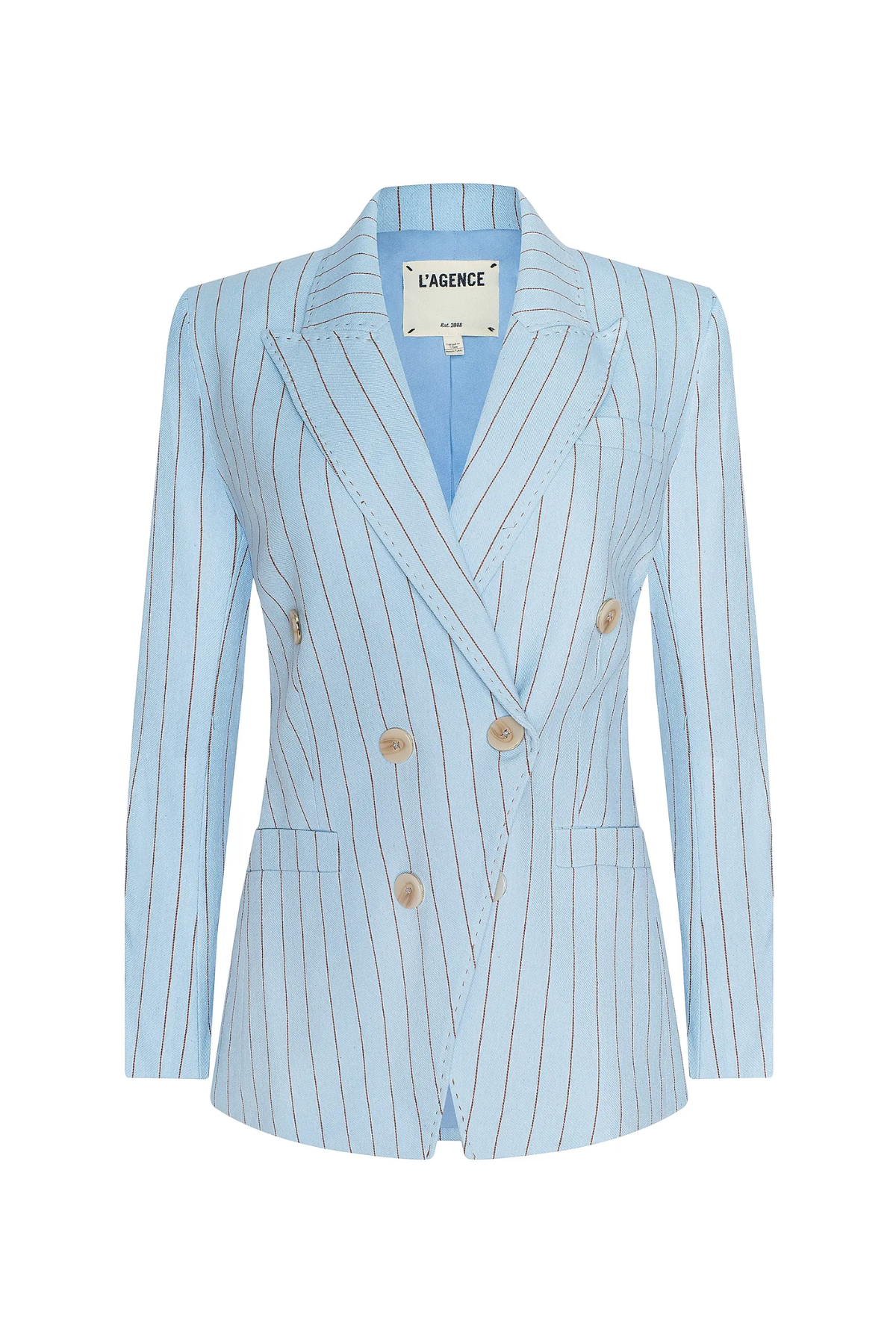 Light blue pinstripe blazer with gold buttons on a white background