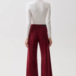 A model shown from the back wearing a white long-sleeve mock neck top and high-waisted, wide-leg burgundy corduroy trousers, paired with black pointed-toe heels, against a plain white studio background.