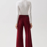 A model shown from the back wearing a white long-sleeve mock neck top and high-waisted, wide-leg burgundy corduroy trousers, paired with black pointed-toe heels, against a plain white studio background.