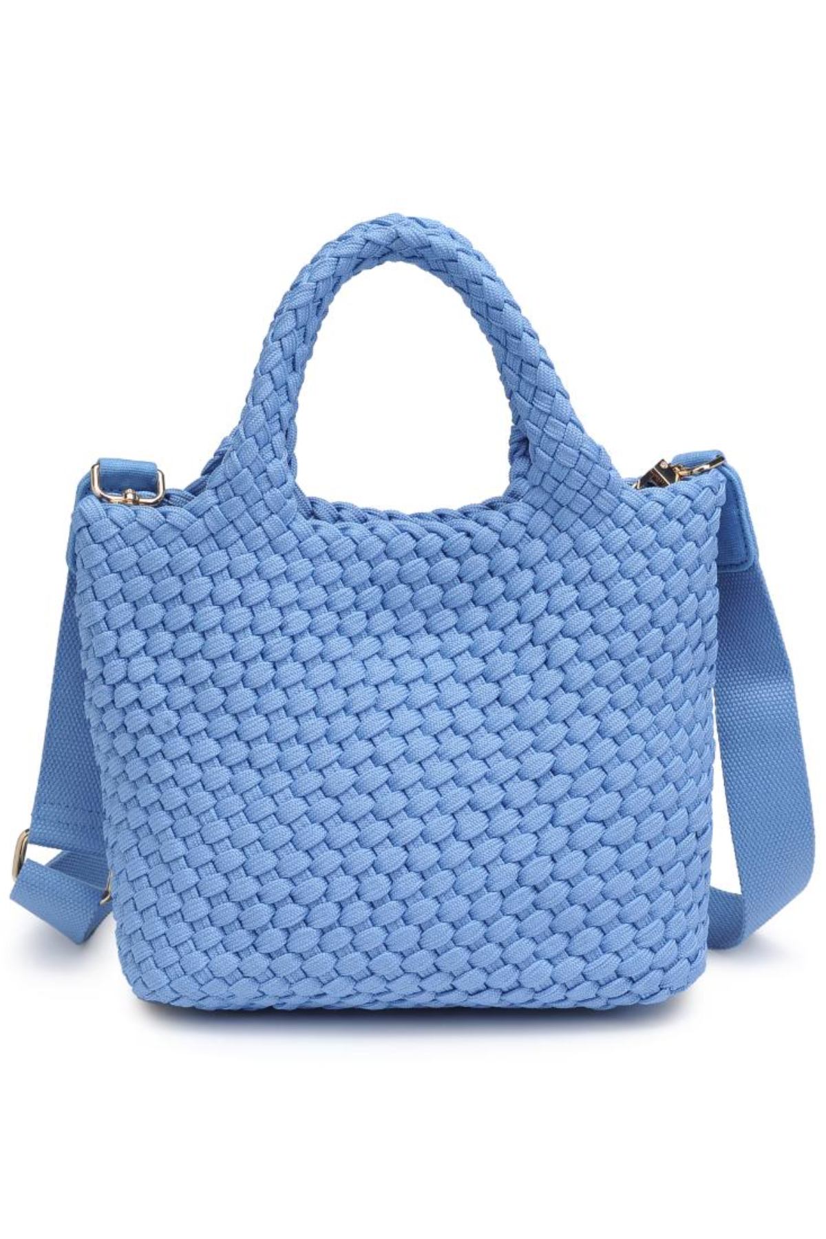 Blue woven handbag with a strap on a white background