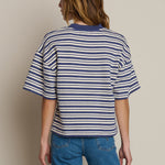 Striped long-sleeve sweatshirt styled with denim