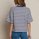 Striped long-sleeve sweatshirt styled with denim