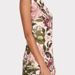 Floral patterned dress worn by a person on a white background