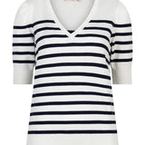 White and navy striped shirt on a white background