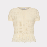 A short-sleeve cream-colored knit cardigan featuring a textured openwork pattern, button front, and a fringed hem, displayed against a light gray background.